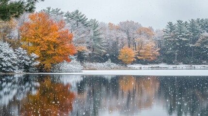 Wall Mural - Serene landscape reflecting autumn colors and snow flurries over a tranquil lake surrounded by trees in a winter setting.