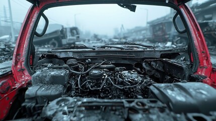 Poster - Dismantled Truck Engine Bay in Gritty Industrial Zone, showcasing intricate mechanical components amidst a backdrop of weathered metal and industrial debris.