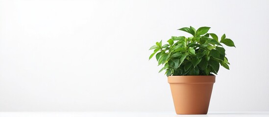 Poster - Green plant in terracotta pot on bright white background showcasing freshness and natural beauty with ample space for text insertion.