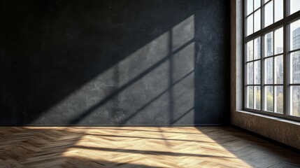 Poster - Modern office interior design showcasing black concrete wall with parquet flooring and large window allowing natural light.
