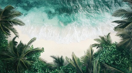 Poster - Coastal landscape featuring a serene white sandy beach framed by lush palm trees and gentle ocean waves in tranquil turquoise waters.