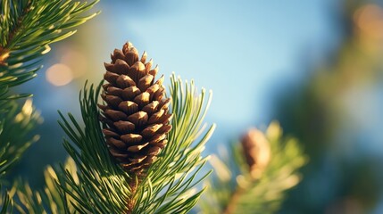 Poster - Pine Cone on Pine Tree Branch Natural Background for a Festive Christmas Atmosphere