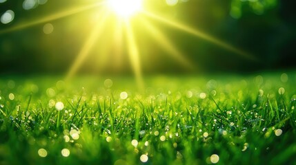 Poster - Lush green blurred background illuminated by warm sunlight creating a serene and tranquil atmosphere in a natural setting