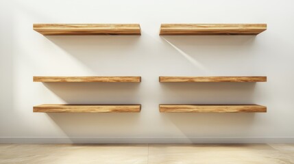 Poster - Minimalist wooden shelves on a blank wall in a contemporary living room interior design showcasing spaciousness and simplicity