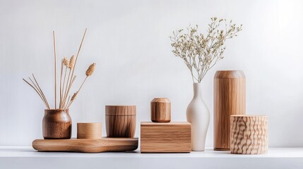 Poster - Natural wooden storage decor and accessories with dried flowers displayed on a minimalist white background for a serene home aesthetic