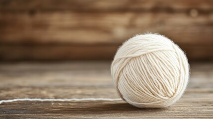 Poster - Natural Cream Yarn Ball on Rustic Wooden Surface with Soft Lighting for Crafting and Knitting Projects