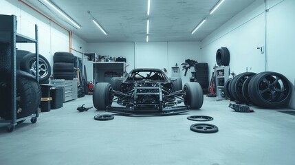 Poster - Race Car Workshop Scene, a partially disassembled race car rests in a cluttered garage, surrounded by tools and wheels, capturing the essence of automotive repair and passion.