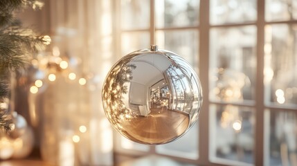 Poster - Elegant Silver Mirror Ball for Holiday Decor and Festive Interior Design with Soft Light Reflections in a Cozy Setting