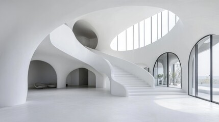 Poster - Modern Minimalist White Interior featuring Spacious Design and Elegant Curved Staircase