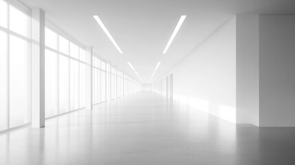 Poster - Modern Minimalist Interior with Expansive White Space and Natural Light Streaming Through Large Windows