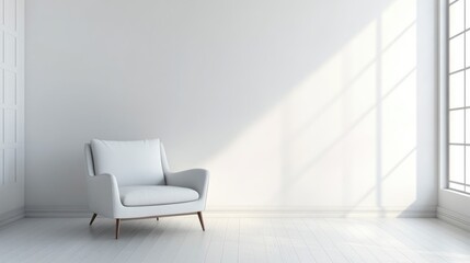 Poster - Minimalist White Room with Modern Armchair and Natural Light Streaming Through Large Windows