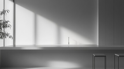 Poster - Minimalist white kitchen backdrop featuring sleek countertops and cabinetry with soft natural light for modern design inspiration