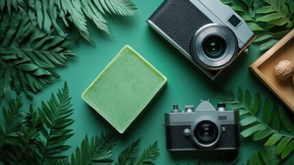 Poster - Green Soap and Vintage Camera Equipment Composition on Leafy Background