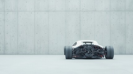 Poster - Disassembled Car Against Industrial Wall, a partially disassembled vehicle revealing intricate wiring, positioned in front of a textured concrete backdrop, evoking a sense of urban decay.