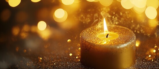 Poster - Elegant Gold Candle with Sparkling Glitter Background and Shimmering Particles for Festive Celebrations or Luxury Themes