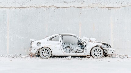 Poster - Exposed Car Mechanics, a partially disassembled vehicle reveals intricate wiring against a raw concrete industrial backdrop, highlighting the contrast of technology and decay.