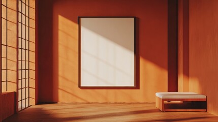 Wall Mural - Minimalist interior featuring terracotta wall panels and large empty frame illuminated by soft natural light