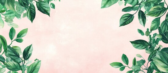 Poster - Chic flat lay of green monstera leaves framing a soft pink background ideal for summer designs and creative text placement