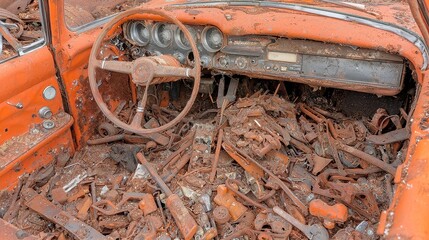 Poster - Vintage car in disrepair, surrounded by weathered tools, evoking a sense of nostalgia and decay, showcasing the passage of time and forgotten craftsmanship.