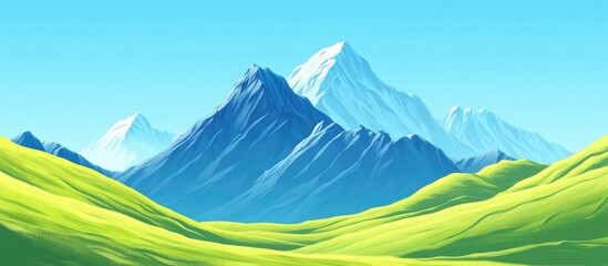 Poster - Vibrant mountain landscape with lush green slopes under a clear blue sky providing ample empty space for text and creative design applications