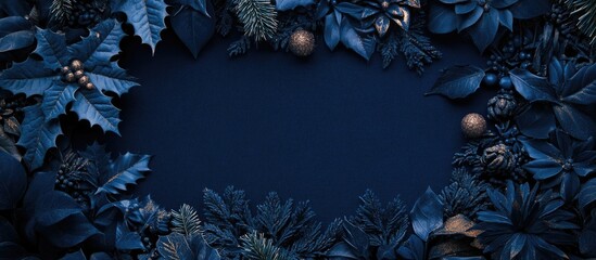 Poster - Navy blue monochromatic holiday flat lay with foliage and empty space for creative text or festive messages