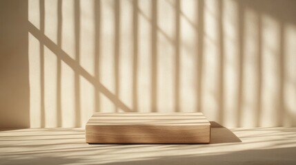 Poster - Minimalist wooden podium with soft shadows on a pastel tan background ideal for product showcase and photography presentations.