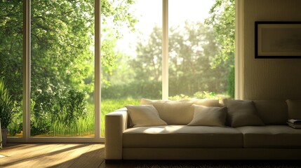 Poster - Serene modern living room with bright window showcasing a lush garden view and a comfortable sofa.