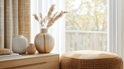 Poster - Modern curtain tiebacks with decorative vases and natural elements in a warm, natural light setting by a window.