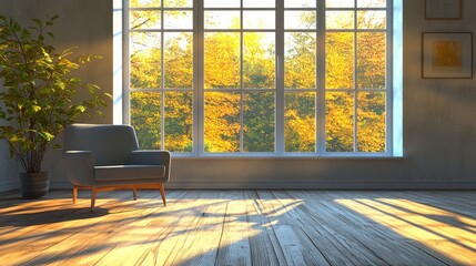 Poster - Cozy Modern Living Room Highlighted by Natural Light and Vibrant Autumn Views through Large Windows