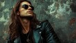 © NeuralNiche - Stylish man with long hair wearing sunglasses and leather jacket poses against a textured grungy background for a cool urban vibe.