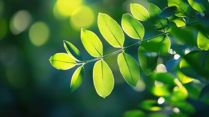 Poster - Green bokeh background featuring illuminated leaves creating a natural abstract pattern in soft sunlight.