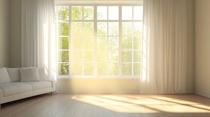 Poster - Bright and airy modern living room with sunlight filtering through large windows creating a warm and inviting atmosphere.