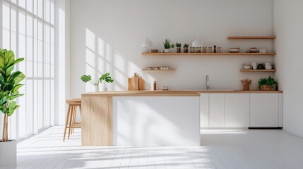 Poster - Modern Minimalist Kitchen Design with Wooden Island and Abundant Natural Light