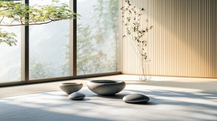 Poster - Serene Minimalist Zen Living Space with Eco-Friendly Design and Natural Elements for Tranquility and Peaceful Ambiance