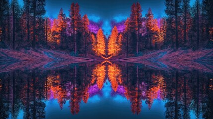 Poster - Vibrant Reflection of Colorful Forest Landscape in Water at Dusk with Neon Artistic Touch and HDR Effect