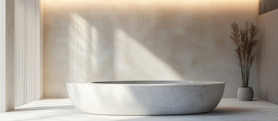 Poster - Stylish minimalist bathroom interior featuring a large round bathtub and natural light creating an inviting and serene atmosphere