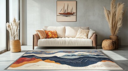 Poster - Coastal Themed Area Rug with Traditional Patterns in Cozy Modern Living Room Setting