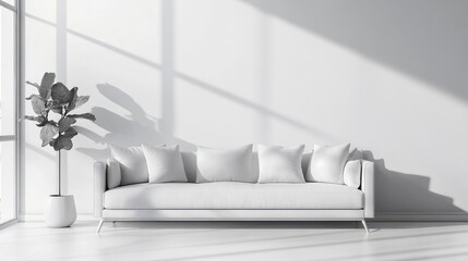 Wall Mural - Modern Minimalist Living Room with Sleek White Sofa and Natural Light from Large Windows