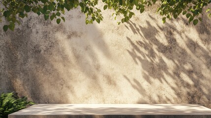 Poster - Minimalist smooth concrete wall illuminated by sunlight with green leaves casting shadows creating a serene and modern atmosphere.