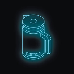 Poster - Glowing blue electric kettle on dark background, perfect for representing modern kitchen appliances and hot beverages