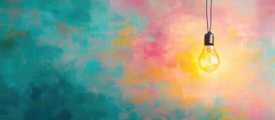 Poster - Glowing light bulb hanging above a vibrant abstract background representing creativity and inspiration with space for text placement