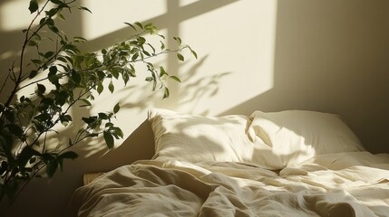Poster - Bamboo linens on a minimalist bed showcasing natural simplicity and soft sunlight for a serene and inviting bedroom atmosphere