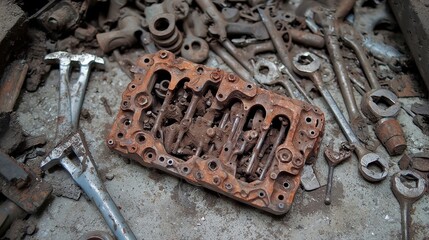 Poster - Rusty engine block with weathered tools on a concrete floor, showcasing the passage of time and the essence of mechanical craftsmanship in an industrial setting.