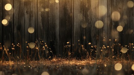 Poster - Rustic wooden background with grass bokeh light effects ideal for product placement in nature-themed designs or promotional materials.