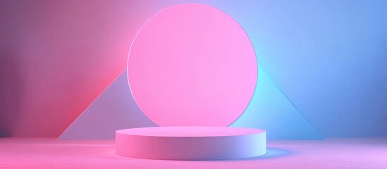 Poster - Minimalist neon pink and blue background with circular podium ideal for modern product display and creative presentations in a dreamy setting.