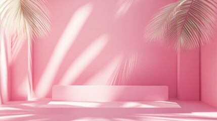Poster - Rectangular photo frame mockup on a pink background ideal for interior decoration showcasing art or text with palm leaves shadows