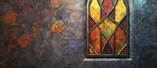Poster - Stained glass window framed by textured mortar wall with empty space for customization or text placement