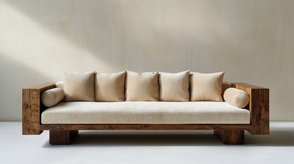 Poster - Stylish minimalist wooden sofa with elegant silk cushions in a serene, simple interior setting against a plain wall.