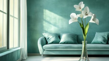 Poster - Elegant Modern Living Room with Soft Sofa and Fresh Flowers in Bright, Minimalist Setting