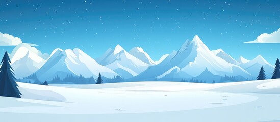 Poster - Snowy mountain landscape with a clear blue sky and ample empty space for text ideal for banners and advertisements.